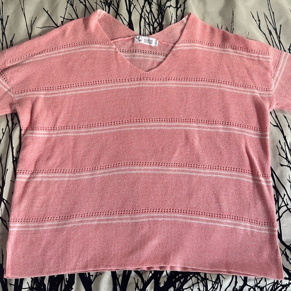 Carve Designs Zella pink pullover sweater, organic cotton, white stripes, medium - Picture 6 of 16